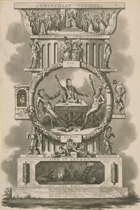 Korinthisches Kapitell, Rosen, Nelken und Tulpen; Höhen und Tiefen des Lebens in London von Isaac, Robert and George Cruikshank