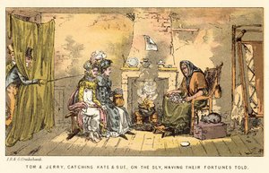 Tom und Jerry erwischen Kate und Sue heimlich beim Wahrsagen von Isaac, Robert and George Cruikshank