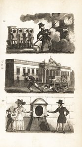 Die Feuerlöschmaschine, Waren auf einem Wagen ziehend, East India House und London Stone von Isaac Taylor