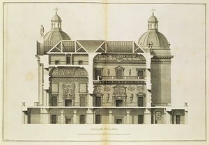 Houghton Hall: Querschnitt der Halle und des Salons, graviert von Pierre Fourdrinier, 1735 von Isaac Ware