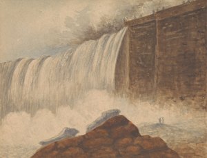 Ansicht der Niagarafälle mit zwei Figuren auf einem Felsen im rechten Vordergrund von Isaac Weld