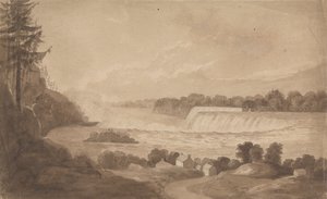 Ansicht der Niagarafälle mit den Fällen im Hintergrund, rechts, und Landschaft mit Häusern im Vordergrund