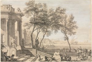 Fantastische Hafenszene mit Architektur und Figuren, 1713 von Isaac de Moucheron