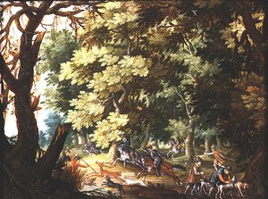 Waldlandschaft mit Jägern und Hunden von Isaak van Oosten