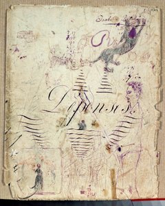Arthur Rimbaud hilft bei der Ernte. Zeichnung von Isabelle Rimbaud in violetter Tinte auf einem Entwurfsblatt eines Ausgabenbuchs