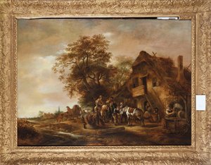 Reiter erfrischen sich vor einem Gasthaus, mit anderen Figuren und einem Pferdewagen von Isack van Ostade