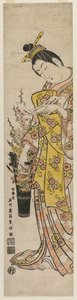 Kurtisane liest ein Gedicht, das an Blumen in einer Vase gebunden ist