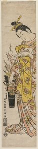 Kurtisane liest ein Gedicht, das an Blumen in einer Vase gebunden ist, Mitte der 1740er Jahre