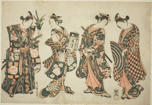 Die Schauspieler Sanogawa Ichimatsu (rechts), Nakamura Kiyosaburo (Mitte rechts), Sanogawa Senzo (Mitte links) und Nakamura Kumetaro (links)