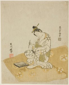 Schreiben auf einem Fächer von Ishikawa Toyonobu