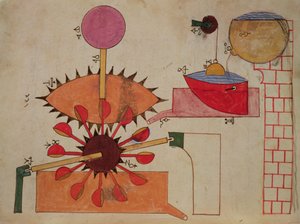 Diagramm eines Systems zum Pumpen von Wasser in ein Becken, aus dem Buch des Wissens über geniale mechanische Geräte von Al-Djazari, 1206 von Islamic School