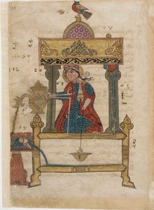 Handwaschautomat mit Spülmechanismus, Folio aus Das Buch der genialen mechanischen Geräte; von Al-Djazari, 1315