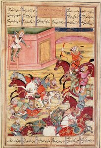 Islamische Kunst: „Sam schießt einen Pfeil, um ein verzaubertes Schloss zu verteidigen“. Persische Miniatur aus einem Manuskript des Epos „Shahnameh“ (Buch der Könige) von Ferdowsi (ca. 940-1020).