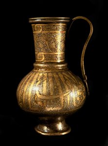 Islamische Kunst: Karaffe mit Silberintarsien und arabischer Schrift. Mamluken-Handwerk des 14. Jahrhunderts von Islamic School