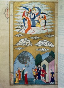 Islamische Darstellung des Aufstiegs des Propheten Isa (Isa ibn Marym: Jesus). Miniatur aus dem Manuskript „Zubdat al Tawarikh“ (Creme der Geschichten) von Historiker Seyyyid Loqman Ashuri