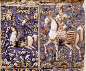 Islamische Kunst: Falkenjagd. Keramik von Isfahan oder Isfahan im Iran