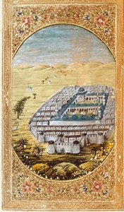 Ansicht von Mekka (La Mekke), Ort der muslimischen Pilgerfahrt, und die Ebenen des Berges Arafat (Arafah), Saudi-Arabien. Seite aus einer Ausgabe des Korans