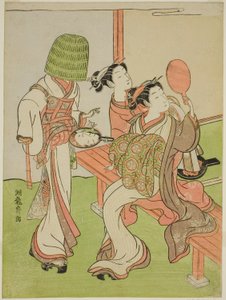 Eine Kurtisane und ihre Begleiterin benutzen Spiegel, um einen Bettelmönch zu identifizieren von Isoda Koryusai