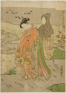 Gänse, die auf dem Sumida-Fluss landen (Sumidagawa no rakugan), aus der Serie "Acht Ansichten des Wohlstands im östlichen Dorf (Azuma no sato eiga hakkei)" von Isoda Koryusai