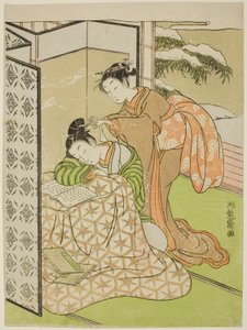 Mädchen spielt einem jungen Mann, der ein Nickerchen macht, einen Streich von Isoda Koryusai