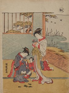 Herbst. Zwei Frauen und ein Kind in einem offenen Innenraum; aus der Serie: Vier Jahreszeiten von Isoda Koryusai