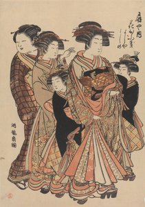 Kurtisanen Hanaofuki, Yoshiya und Yoshino aus dem Bordell Ōgiya von Isoda Koryusai
