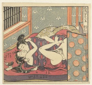 Liebespaar hinter einem Raumteiler (Zwölf Ansichten des verfeinerten Edo) von Isoda Koryusai