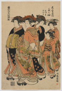 Modelle der Mode: Neue Designs wie frische junge Blätter: Die Kurtisane Tagasode von Daimonjiya mit Katsuru, Tomeki und Begleitern, Edo-Periode, 1778-80 (Farbholzschnitt) von Isoda Koryusai