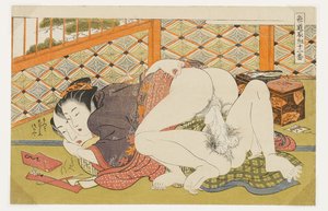 Die Näherin und ihr Liebhaber, Nr. 6 aus Zwölf Kämpfe im Weg der Liebe (Shikidō torikumi jūniban) von Isoda Koryusai