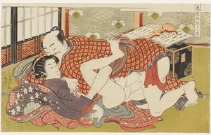 Shamisen-Lehrer, Nr. 2 aus Zwölf Kämpfe im Weg der Liebe (Shikidō torikumi jūniban) von Isoda Koryusai