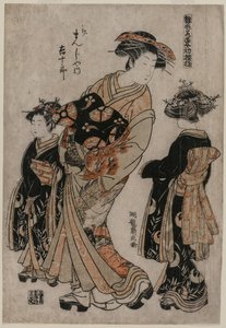 Die Kurtisane Kichijuro von Kage Manjiya mit zwei Kamuro (aus der Serie Modelle für Mode: Neue Designs so frisch wie junge Blätter) von Isoda Koryusai