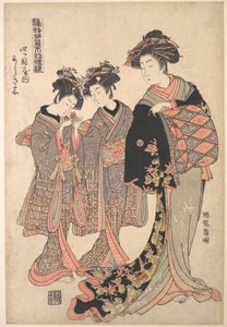 Die Kurtisane Nishikigi des Yotsumeya-Bordells, aus der Serie „Ein Musterbuch der ersten Designs des Jahres, frisch wie Frühlingskräuter“ („Hinagata wakana hatsu moyō“) von Isoda Koryusai
