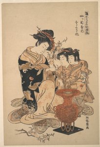 Die Kurtisane Sayoginu aus dem Yotsumeya-Bordell, aus der Serie „Ein Musterbuch der ersten Designs des Jahres, frisch wie Frühlingskräuter“ von Isoda Koryusai