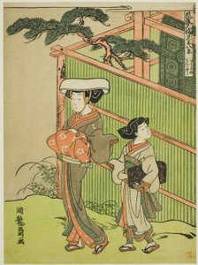 Die Abendglocke der Nonne (Bikuni no bansho), aus der Serie "Acht Ansichten modischer menschlicher Beziehungen (Furyu jinrin mitate hakkei)" von Isoda Koryusai