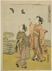 Junge Frau im Glanz des Sonnenuntergangs (Musume no sekisho), aus der Serie "Acht Ansichten modischer menschlicher Beziehungen (Furyu jinrin mitate hakkei)" von Isoda Koryusai