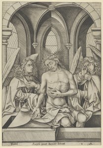Christus als Schmerzensmann zwischen zwei Engeln, ca. 1500 von Israhel van Meckenem