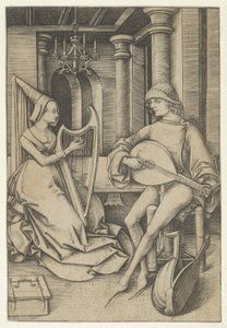 Laute Spieler und Harfenist, aus Szenen des täglichen Lebens, n.d. von Israhel van Meckenem