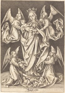 Die Madonna und das Kind auf der Mondsichel, unterstützt von vier Engeln von Israhel van Meckenem