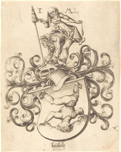 Wappen mit Purzelbaum schlagendem Jungen von Israhel van Meckenem after Master of the Housebook