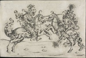 Kampf zweier wilder Männer zu Pferd von Israhel van Meckenem the younger