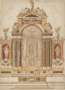 Ein aufwendiger Altar aus farbigem Marmor, verziert mit Skulpturen