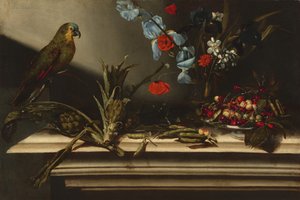Stillleben mit Artischocken und einem Papagei von Italian 17th Century