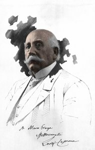 Porträt von Luigi Capuana (1839-1915) italienischer Schriftsteller. Fotografie auf Zeichnung geklebt mit Widmung von Marco Praga. Mailänder von Italian Photographer