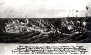 Seeschlacht zwischen der venezianischen Flotte unter General Francesco Morosini (1618-94) gegen die Türken vor der Küste Kretas, Oktober 1645 von Italian School