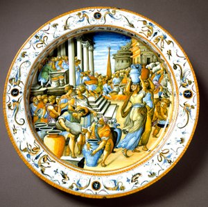 Ein Congiarium im antiken Rom (kostenlose Verteilung von Wein, Öl an das Volk). Keramikplatte hergestellt in Urbino in der Werkstatt Fontana, Italien. Um 1550. Florenz, Museo Nazionale del Bargello von Italian School