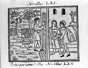 Ein Paar möchte an seine Tür klopfen. Illustration zur Novelle 61 (Novelle 1 des 7. Tages) des „Decameron“ von Giovanni Boccaccio. Gravur in „Decamerone ouer Cento novelle“ Venedig, Bartolomeo de 