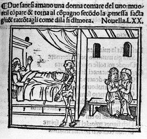 Ein Mann, der in die Frau seines Freundes verliebt ist, ersetzt ihn im ehelichen Heim, als er stirbt. Illustration zur Novelle 70 (Novelle 10 des sechsten Tages) des „Decameron“ von Giovanni Boccaccio (1313-1375), italienischer Schriftsteller. Gravur in „D von Italian School