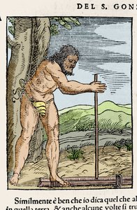 Ein Eingeborener entzündet ein Feuer, indem er zwei Holzstücke aneinander reibt. Gravur aus „Navigationi und Viaggi“ von Giovanni Battista Ramusio (1485-1557), Bd. III, Venedig 1565. von Italian School