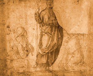 Ein Heiliger mit zwei knienden Frauen (Rötel auf Papier) von Italian School