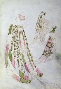 Eine Frau und zwei Männer in langen Mänteln, ca. 1450